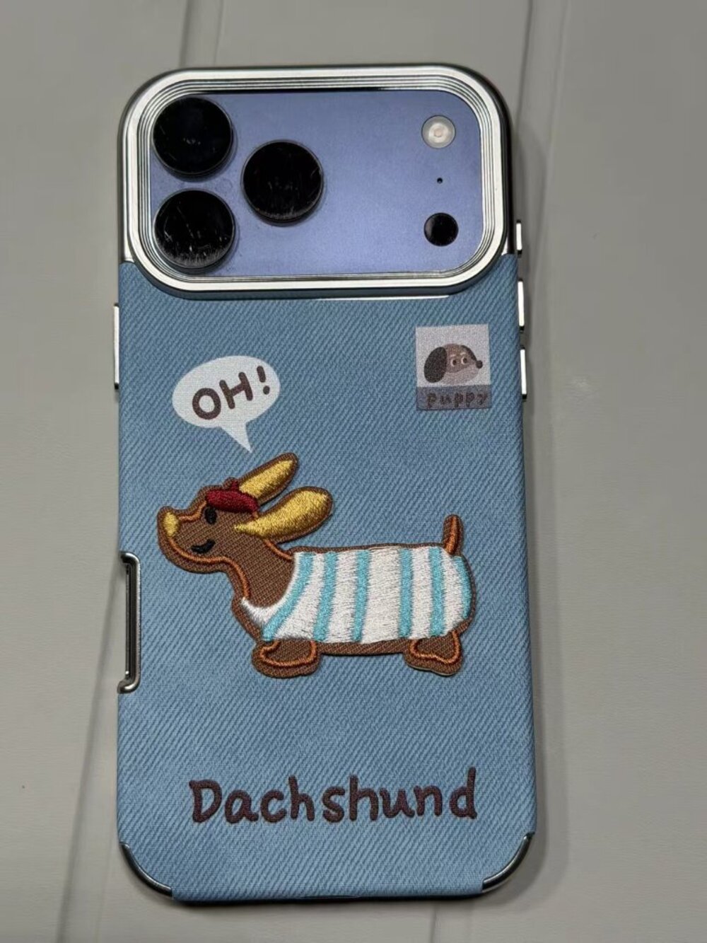 Cute Dachshund Embroidered Denim-Style Phone Case